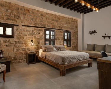 Rustic hotel bedroom featuring a natural stone wall, wooden platform bed, and industrial lighting.