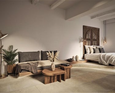 Modern rustic bedroom interior with minimalist wooden furniture and neutral earth tones.