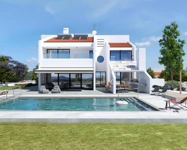 Modern luxury villa with a private swimming pool, outdoor patio, and solar panels under a clear blue sky.