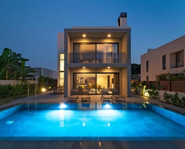 Modern luxury villa at twilight with a glowing blue swimming pool and patio lounge chairs.