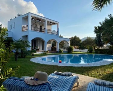 Luxury white villa with private swimming pool and sun loungers in a tropical garden setting.