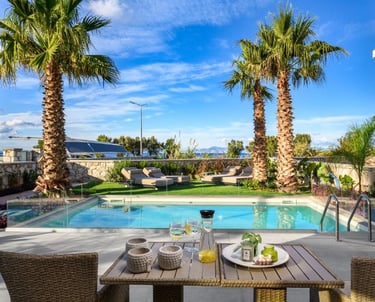 Luxury villa patio with a private pool, palm trees, and outdoor lounge chairs under a blue sky.