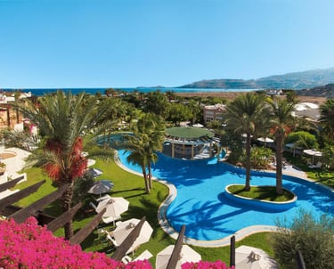 Luxury beach resort with a large blue swimming pool, palm trees, and ocean views in a tropical landscape.