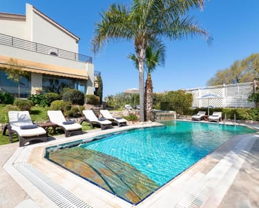 Luxury villa backyard with a clear blue swimming pool, lounge chairs, and palm tree.