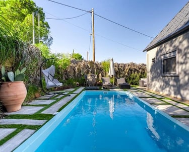 Luxury backyard swimming pool with lounge chairs, a hanging chair, and lush tropical landscaping.