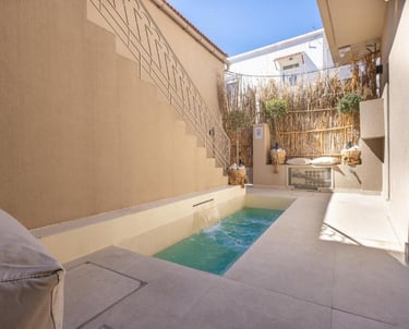 Luxury private outdoor plunge pool with stone patio and modern architectural wall features.