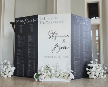 Large modern wedding seating chart display with three-panel black and white welcome sign, custom gue