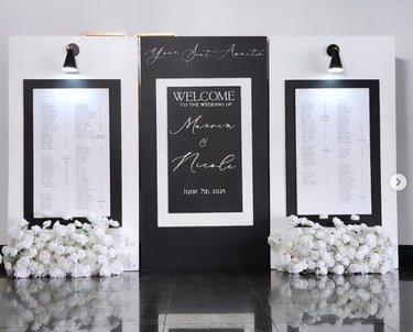 Modern black wedding seating chart display with custom welcome sign, printed guest lists, floral bas
