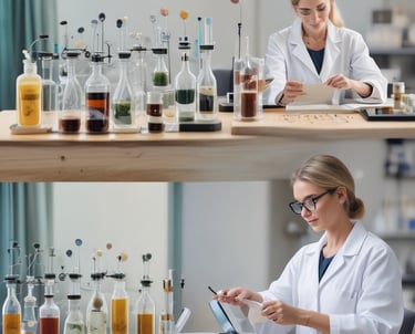 Various wellness and beauty products, including oils in bottles, a bowl of oil, dried flowers, crystals, a smudge stick, and a small dish of cream, are arranged aesthetically on a light surface. The scene is decorated with colorful flowers and herbs.