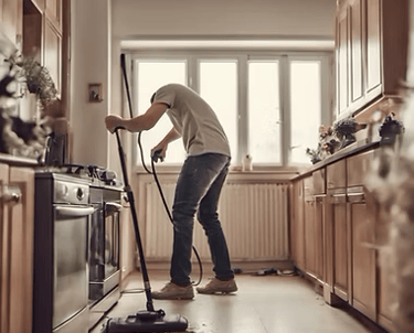 a man cleaning a kitchen floor with a mop
