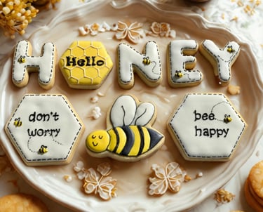 Letter-shaped sugar cookies spelling out the message “Bee Happy,” perfect for uplifting gifts or themed celebrations