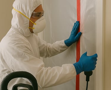Certified mold remediation professional using air scrubber and containment barriers
