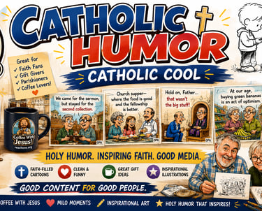 Cartoon illustration of the Catholic Humor Store