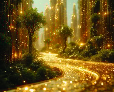 A glowing golden path winds through a magical fantasy forest with sparkling trees and ether