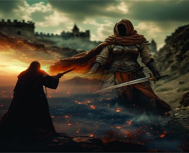 Akmah fights the tyrant king in AIs of the Gods