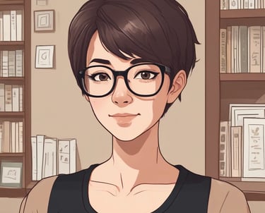 graphic woman wearing black scoop-neck long-sleeved shirt around 50 years old with eyeglasses