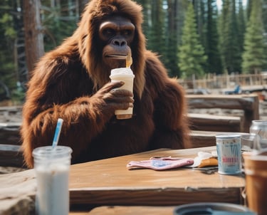a gorilla gorilla sitting at a table with a drink