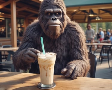 a gorilla gorilla sitting at a table with a drink