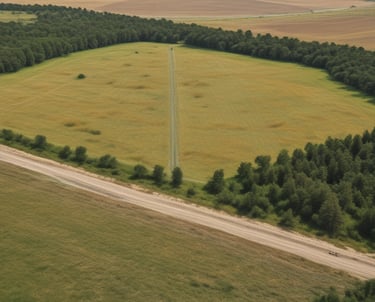 Aerial view of expansive rural land near power lines and highways.