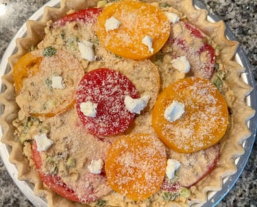 layers of corn and tomato pie with goat cheese