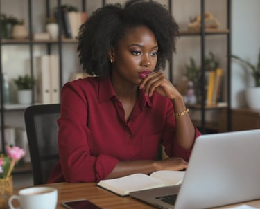 Image of a Black woman entrepreneur at her desk, deep in thought with a laptop and notebook open