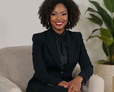  CEO-style shot — client on a branded photoshoot, confidently seated or standing in a beautiful spac