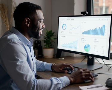 lifestyle shot of a client reviewing data/analytics on a screen with a smile or relaxed confidence.
