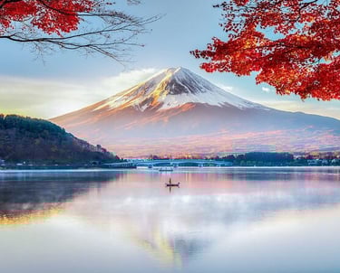 Lake with automn red leaves and Mount Fuji with bark