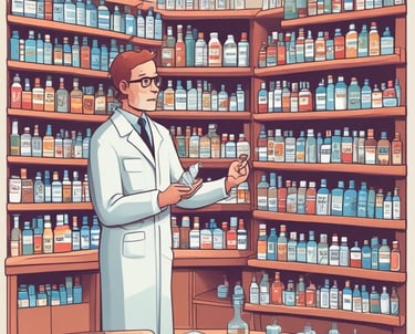 A small commercial plaza featuring a pharmacy and other shops. The brick buildings have modern signage and awnings. A few parked cars are visible, and there are outdoor seating areas. The surrounding area is landscaped with trees and grass.