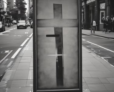 A red poster with the word 'Jesus' written in bold white letters multiple times. Several of the words are crossed out with red lines. A person is holding the poster with their hands, one of which is wearing a watch. The poster is placed on a surface covered with other printed papers and torn posters.