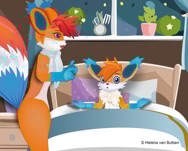 Kiki’s moeder praat met haar terwijl Kiki in bed ligt in een gezellige kamer met planten