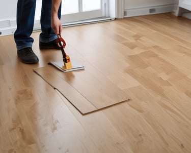 A showroom displaying various wooden flooring samples mounted on walls. A person is observing the samples on the right side, wearing casual attire. The samples are labeled with prices and descriptions. The room is well-lit with a modern design and uses neutral tones.