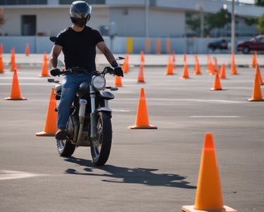 A single motorcyclist dressed in black gear rides on a racetrack with a spectator area on the right. The track is bordered by a grassy area and a series of garages with spectators observing from an elevated position behind a barrier.