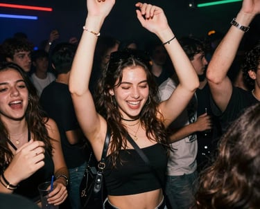 a group of people standing around each other with their hands in the air