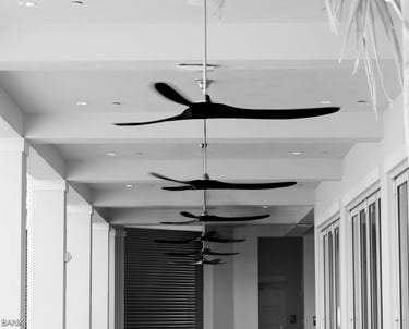 a row of spinning ceiling fans in between columns and doors at wildblue resort estero florida