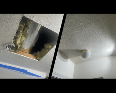 Techinician repair access hole -- Drywall ceiling repair (hole) with stipple texture finish