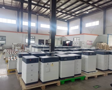 a large warehouse with a lot of boxes of lithium ion phosphate batteries