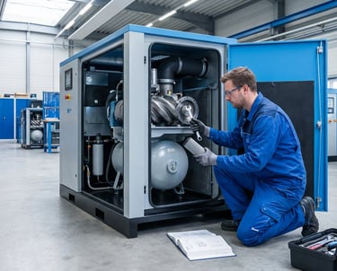 technician maintaining industrial screw air compressor equipment