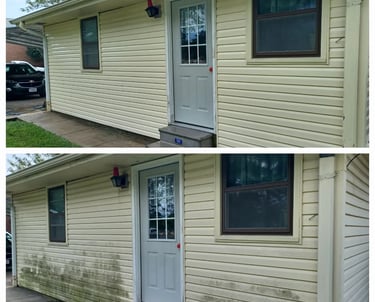 Before and after pressure washing mossy home
