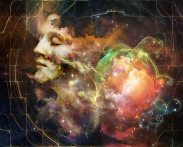 Ethereal face in cosmic dreamscape symbolizing intuitive psychic readings by Amber, Queen of Wands.