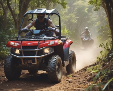 A rugged off-road vehicle is traveling along a dirt path surrounded by dense foliage and trees. The path is uneven, emphasizing a sense of adventure. The vehicle has a roof rack and appears to be a safari or tour jeep with passengers visible inside.