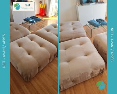 Nettoyage professionnel de canape en tissu beige avant/après par NetT à Montauban