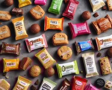 A variety of snacks are displayed in large transparent containers stacked on metal shelves. The containers hold different types of cookies, biscuits, and other snack items, each labeled with a colorful tag. The background includes additional stacked containers and a wall clock, suggesting an organized retail space.