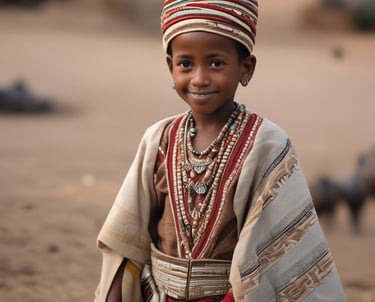 A child wearing a traditional outfit adorned with intricate beads and decorations stands prominently. The headpiece features black fabric with white beads, silver ornaments, and red accents. In the background, more children are wearing similar attire, slightly out of focus.