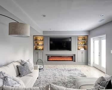 Cozy finished basement design with fireplace – Cumming, GA remodeling project