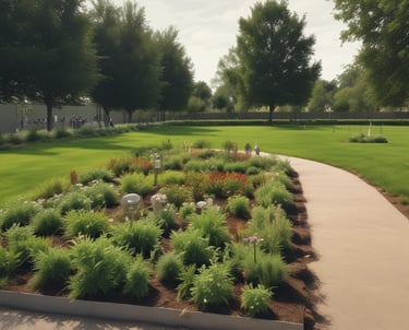 A peaceful cemetery with a paved walkway lined by lush greenery and various tombstones and statues. Tall trees provide ample shade, and the area is well-maintained with blooming flowers and manicured hedges.