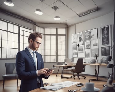 A professional consultant discussing strategies with clients in a modern office.