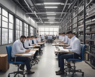 A professional consultant discussing strategies with clients in a modern office.