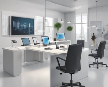 A professional consultant discussing strategies with clients in a modern office.