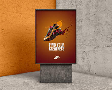 a billboard board with a picture of a shoe that is on the ground